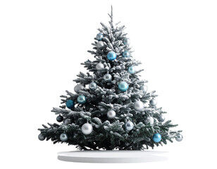 Frosted Christmas Tree with Silver and Blue Ornaments on White Surface, Minimalist Holiday Style,And transparent the background.