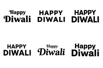 Happy Diwali lettering icon set, black isolated silhouette fill vector icons