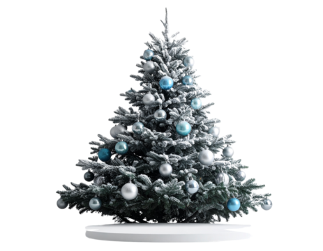 Frosted Christmas Tree with Silver and Blue Ornaments on White Surface, Minimalist Holiday Style,And transparent the background.