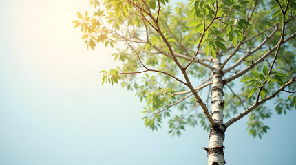 Fototapeta premium A vibrant tree reaches upward, showcasing fresh green leaves against a clear blue sky.