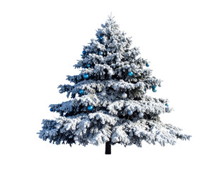 Snow-Covered Christmas Tree with Blue and Silver Ornaments on White Surface, Minimalist Winter Theme,And transparent the background.