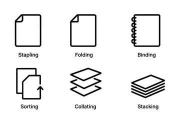 Office Finishing Icons. Outline icon set of copier output finishing: stapling, folding, hole punching, binding, sorting, collating, trimming, stacking. Line
