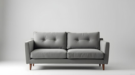 Stylish gray sofa with modern design and comfortable cushions against a minimalist backdrop.