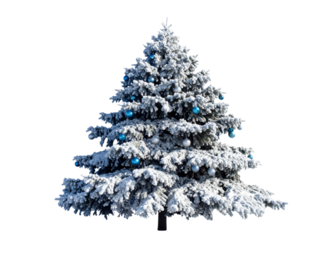 Snow-Covered Christmas Tree with Blue and Silver Ornaments on White Surface, Minimalist Winter Theme,And transparent the background.
