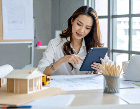 A committed female architect uses a tablet and stylus to edit or review a digital blueprint on a table in an office.