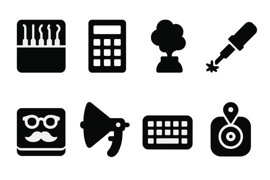 Secret Tools Icons. Solid, filled icon set of secret tools: lockpick set, decoder device, smoke bomb, laser cutter, disguise kit, listening device, hacking