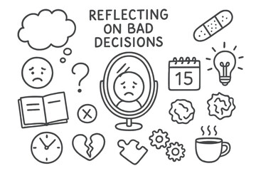 Fototapeta premium Reflecting on Decisions Doodle. Hand-drawn doodle illustration Reflecting on bad decisions mirror, thought bubble, sad face, notebook, clock, question mark,