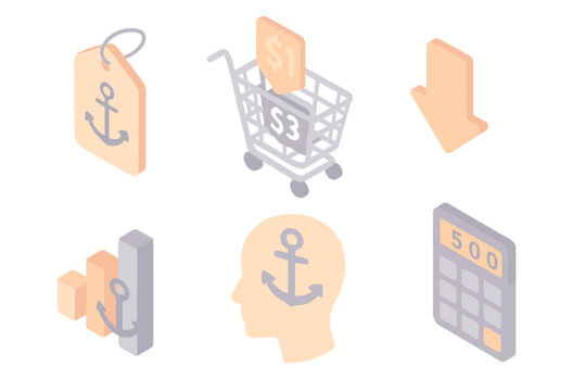 Anchoring Effect Icons. Isometric vector illustration set Anchoring Effect: price tag with anchor symbol, shopping cart with