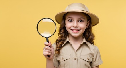 Young explorer girl wearing safari hat holding magnifying glass in studio on yellow background
