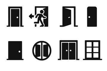 Entrance Icons Grid. Solid, filled icon set of entrance types: main entrance, emergency exit, service entrance, side door, back door, revolving entrance,