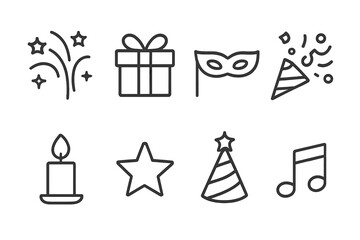 Holiday Icon Set. Outline icon set of holiday and festival congratulations: fireworks, gift box, party mask, confetti, candle, star, celebration hat, music