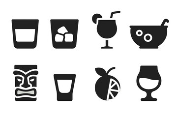 Rum Serving Icons. Solid, filled icon set of rum serving styles: neat pour, on the rocks, mixed cocktail, punch bowl, tiki mug, shot glass, tropical garnish,