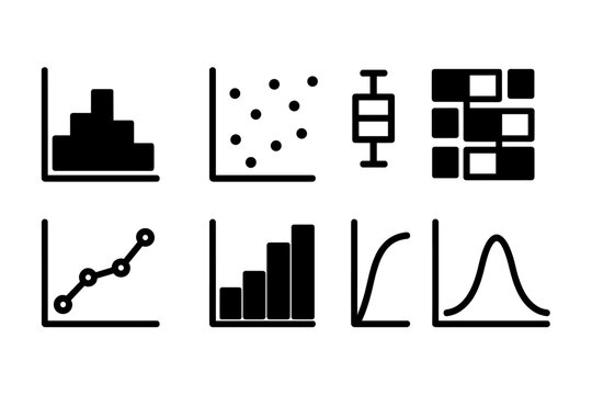 Data Analysis Icons. Solid, filled icon set of data analysis graphs: histogram, scatter plot, box plot, heat map, correlation graph, frequency graph,