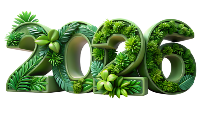 Green 3d numbers 2026 covered in lush tropical leaves and plants isolated on transparent background