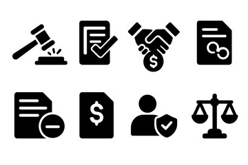 Legal Outcomes Icons. Solid, filled icon set of legal outcomes: judgment, injunction, settlement, penalty, dismissal, fine, probation, acquittal. [Solid,