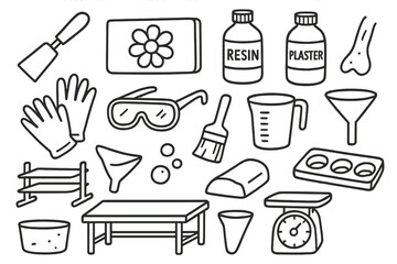 Mold Repair Tools. Hand-drawn doodle illustration mold repair spatula, rubber mold, resin, plaster, gloves, safety goggles, brush, mixing cup, funnel, drying