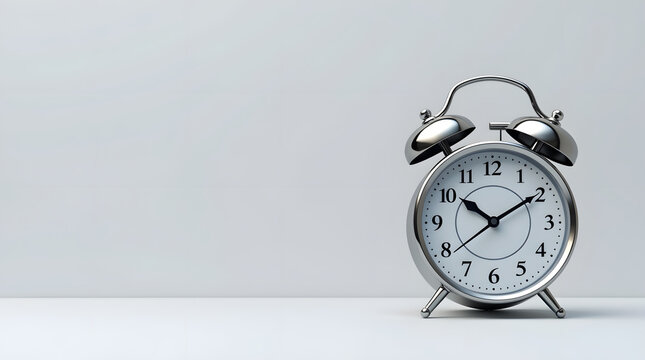 A classic silver alarm clock showing 10:10 against a minimalist backdrop.