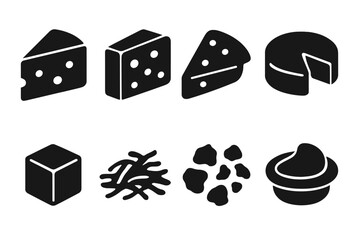 Cheese Icon Set. Solid, filled icon set of cheese forms: wedge, block, slice, wheel, cube, shredded, crumbled, spreadable. Line icons in only black color. All