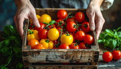 Farmer's hands holding a rustic wooden crate of fresh red and yellow cherry tomatoes.
