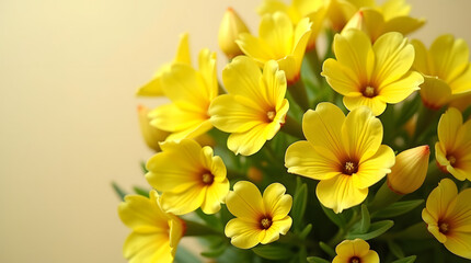 Fototapeta premium A vibrant bouquet of bright yellow flowers against a soft yellow background, exuding warmth and cheerfulness.