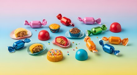 A playful arrangement of assorted colorful candies, cupcakes, and sweet treats, wrapped and unwrapped, displayed on a pastel gradient background for a festive and joyful dessert presentation.

