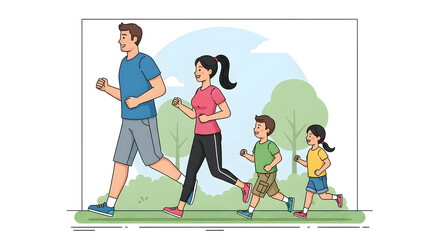 A family enjoying a healthy lifestyle by jogging together outdoors in a park, promoting fitness and well-being