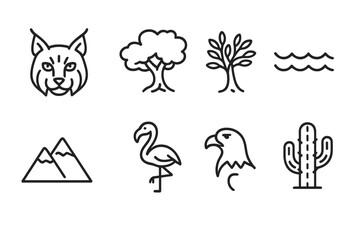 Spanish Nature Icons. Outline icon set of Spanish nature and wildlife: iberian lynx, cork oak, olive tree, Mediterranean sea, mountain, flamingo, eagle,