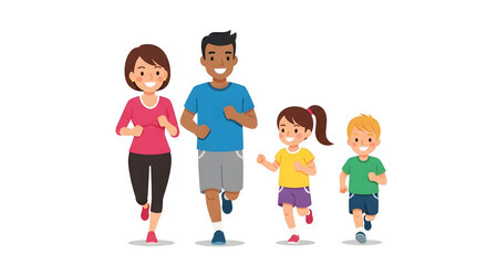 A Happy and Healthy Family of Four Running Together Outdoors