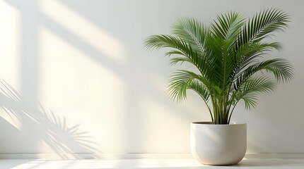Lush green indoor palm plant in a sleek white pot, casting soft shadows on a bright wall.