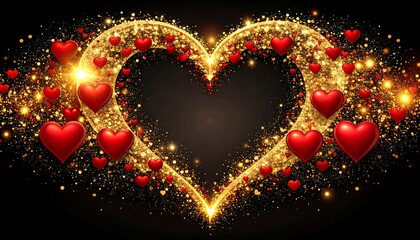 Heart-shaped frame filled with golden sparks and red hearts