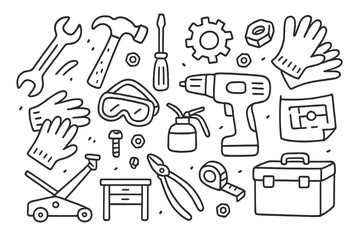 Mechanical Workshop Tools. Hand-drawn doodle illustration mechanical workshop wrench, hammer, screwdriver, gear, nuts and bolts, drill, pliers, workbench,