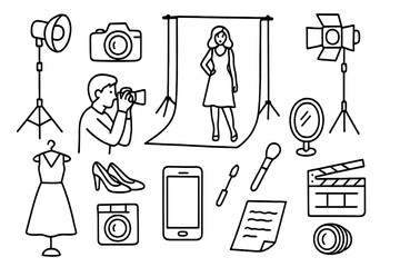 Obraz premium Studio Fashion Doodle. Hand-drawn doodle illustration studio lighting and fashion model spotlight, camera, tripod, light stand, studio backdrop, model,