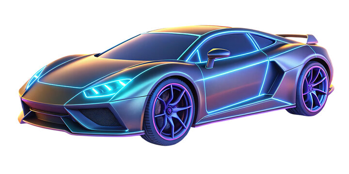 Futuristic sports car illuminated with neon lights on transparent background - Powered by Adobe