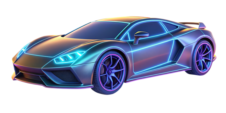 Futuristic sports car illuminated with neon lights on transparent background