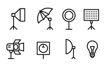 Photography Lighting Icons. Outline icon set of photography lighting: softbox, umbrella light, ring light, LED panel, spotlight, dimmer, reflector, light bulb.