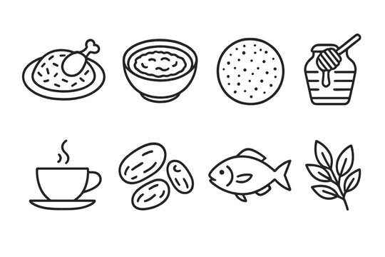 Yemeni Cuisine Icons. Outline icon set of Yemeni cuisine: Mandi rice, Saltah stew, Flatbread (Lahoh), Honey, Coffee cup, Dates, Samak (fish), Fresh herbs. Line