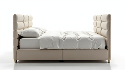 Obraz premium A modern, upholstered king-size bed with tufted headboards, showcasing a minimalist design and soft, neutral colors.