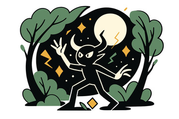 Naklejka premium Moonlit Forest Magic. Moonlit forest. A horned creature standing under a glowing full moon, trees bending around it, abstract floating shapes showing magical