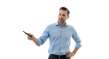 A confident businessman in a light blue dress shirt gestures with a pen, conveying a sense of presentation and engagement on a white background