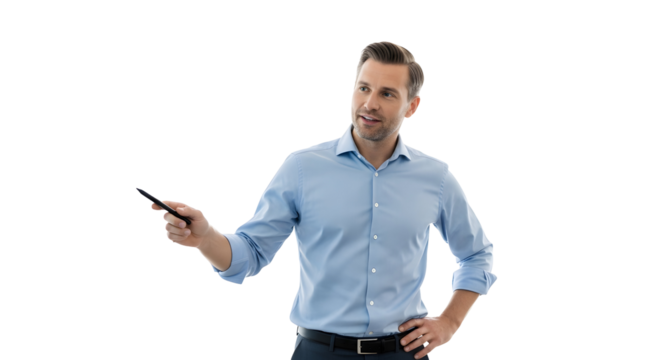 A confident businessman in a light blue dress shirt gestures with a pen, conveying a sense of presentation and engagement on a white background