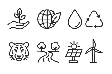 Green Icon Set. Outline icon set of green environment conservation: tree planting, globe with leaf, water drop, recycling arrows, endangered animal, clean