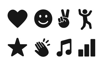 Obraz premium Music and Emotions Icons. Solid, filled icon set of music symbols and emotions: heart, smiley face, peace sign, dancing figure, star, applause hands, musical