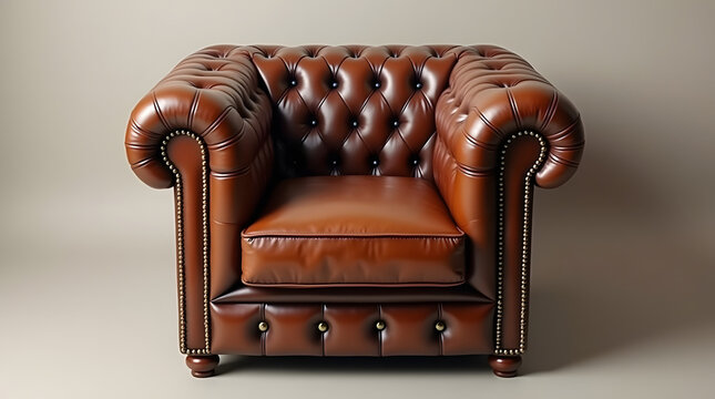 Elegant brown leather armchair with tufted detailing, showcasing timeless sophistication and comfort.