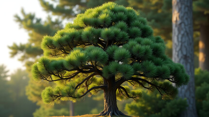 Fototapeta premium A majestic pine tree with lush green needles, standing tall in a serene forest setting, illuminated by soft morning light.
