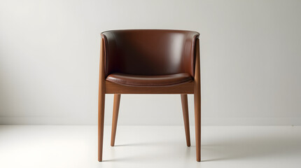 Fototapeta premium Elegant brown leather chair with wooden legs, showcasing a modern design against a minimalist backdrop.