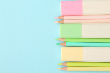 Stationery calculator ruler calculator and school stuff on coloured background. Concept of school and college learning