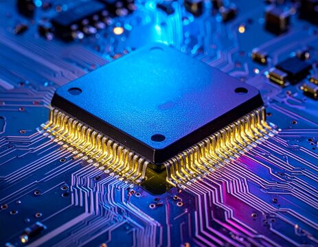 High-Tech Microchip Close-Up Complex Circuitry and Futuristic Technology