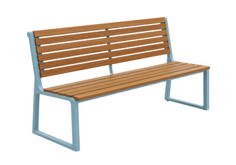 Wooden outdoor bench with light blue metal frame isolated, modern garden furniture for patio or park, PNG format