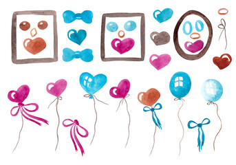 A large set of watercolor elements for your design: multi-colored balloons on strings, hearts, beads, and frames