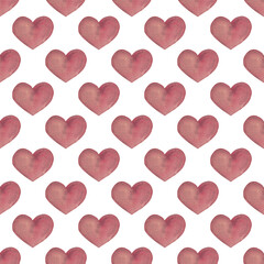 Red watercolor hearts. Simple seamless pattern. Hearts background